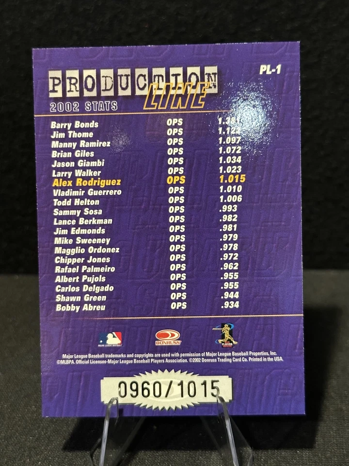 2003 Donruss Alex Rodriguez Production Line #'d 0960/1015 #PL-1 - Image 2 of 2