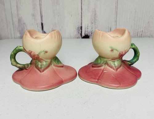 2 Vintage Hull Candlestick Holders Woodland Peach Pattern