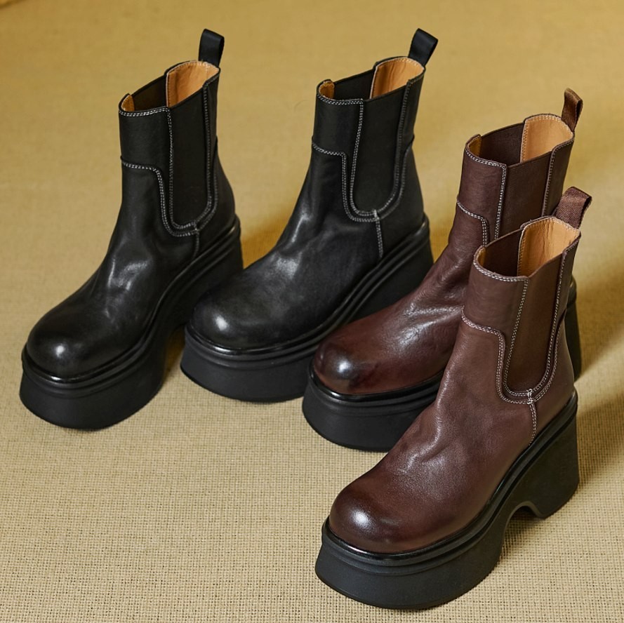 SAOLA Stivaletti donna suola spessa vera pelle Mary Janes plateau alto creepers