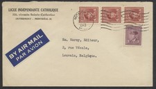 1943 Montreal to Belgium Cover 15c Air Mail Rate 4c x 3 + 3c