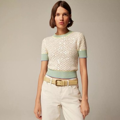 J.Crew Sz Small Sequin Pointelle Sweater Tee w Stripes Trim In Ecru Cream NWOT