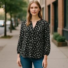 Melrose And Market Floral Blouse Sz L Black Balloon Sleeves Rayon Casual Career