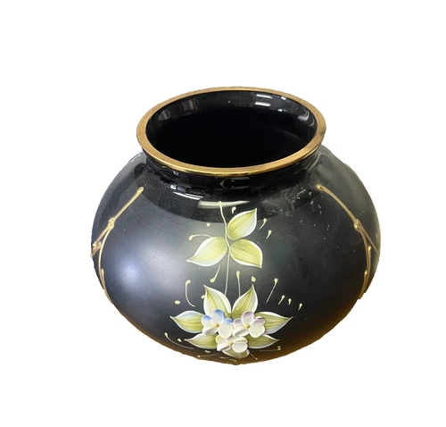 Italian Murano Style Art Glass Vase Matte Black Gold Gilt Floral Signed Vintage