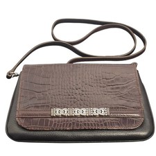 Brighton Crossbody Bag Black Pebbled Brown Croc Embossed Leather Silver