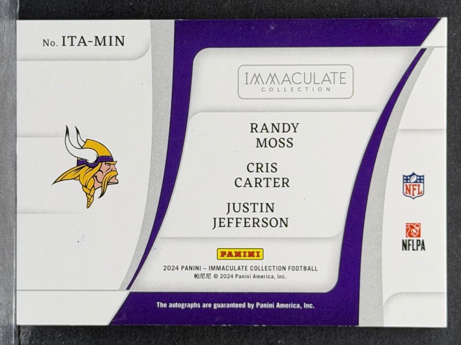 2024 Panini Immaculate Cris Carter Justin Jefferson Randy Moss Triple AUTO 12/25 view 2