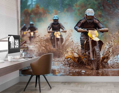 3D Motorcycle Sports River Landscape Self-adhesive Removable Wallpaper Murals