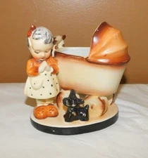 Vintage Porcelain Planter of Praying Girl Baby Buggy & Scotty Dog Japan