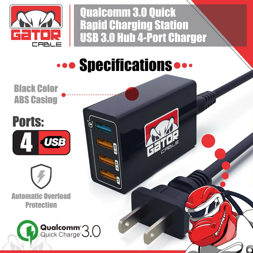 Qualcomm QC 3.0 Fast Rapid Charger Charging Station Hub 4 USB Multi Port 60W 3A - Image 3 of 4