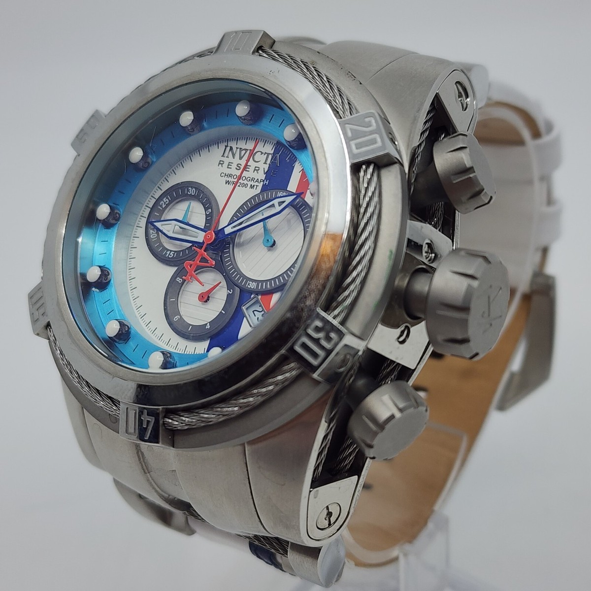 RARE Invicta Reserve Bolt Zeus S1 Racer White Blue 52mm Swiss Mvt