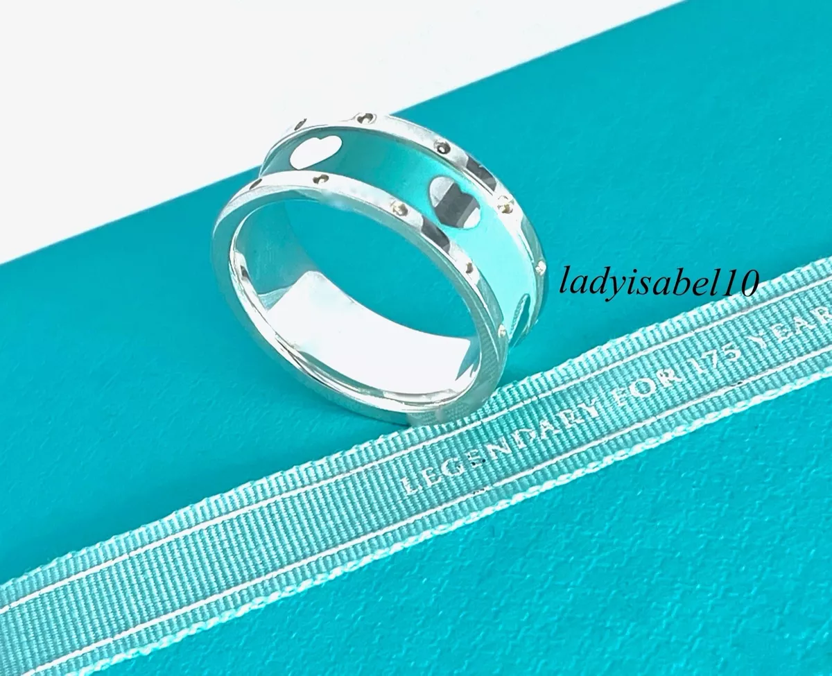 Tiffany & Co. Blue Enamel Heart Wide Band Ring Sz 5.5 Silver w