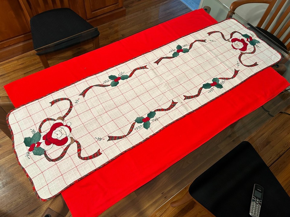 Vintage Christmas Holiday Applique Ribbons Santa Claus Runner 52" x 15.