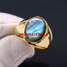 Natural Labradorite Gemstone With Gold Plated 925 Sterling Silver Men Ring #1035