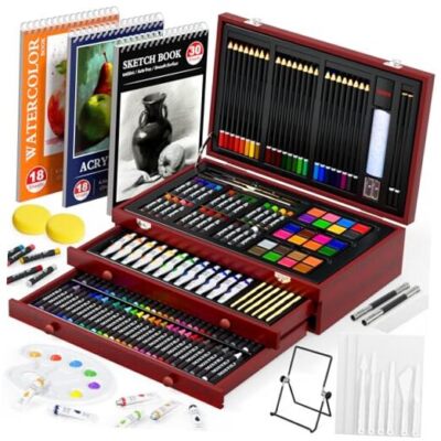 200 Piece Deluxe Art Set, Art Supplies with 3 Drawing Pads, Acrylic Paints, Red