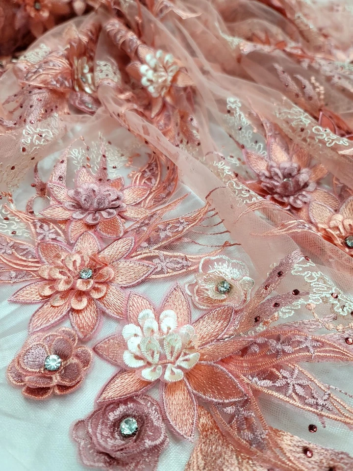 Coral Lace Embroidery 3d Floral Flowers Embroidery Prom Fabric Sold By The Yard  - Image 3 of 4