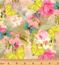 Flowers Butterflies Fabric Pink Yellow A Beautiful Life Cotton Benartex By Yard
