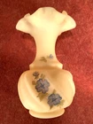 Fenton Glass Custard Blue Flowers Scalloped Vase signed Laura Long No Damage