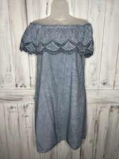 WOMENS KNOX ROSE CHAMBRAY BLUE OFF SHOULDER LINED EMBROIDERED BOHO SHIFT DRESS S