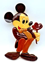 Vintage Mickey Mouse Tuxedo Wooden Marquetry Wall Plaque Decor 9"