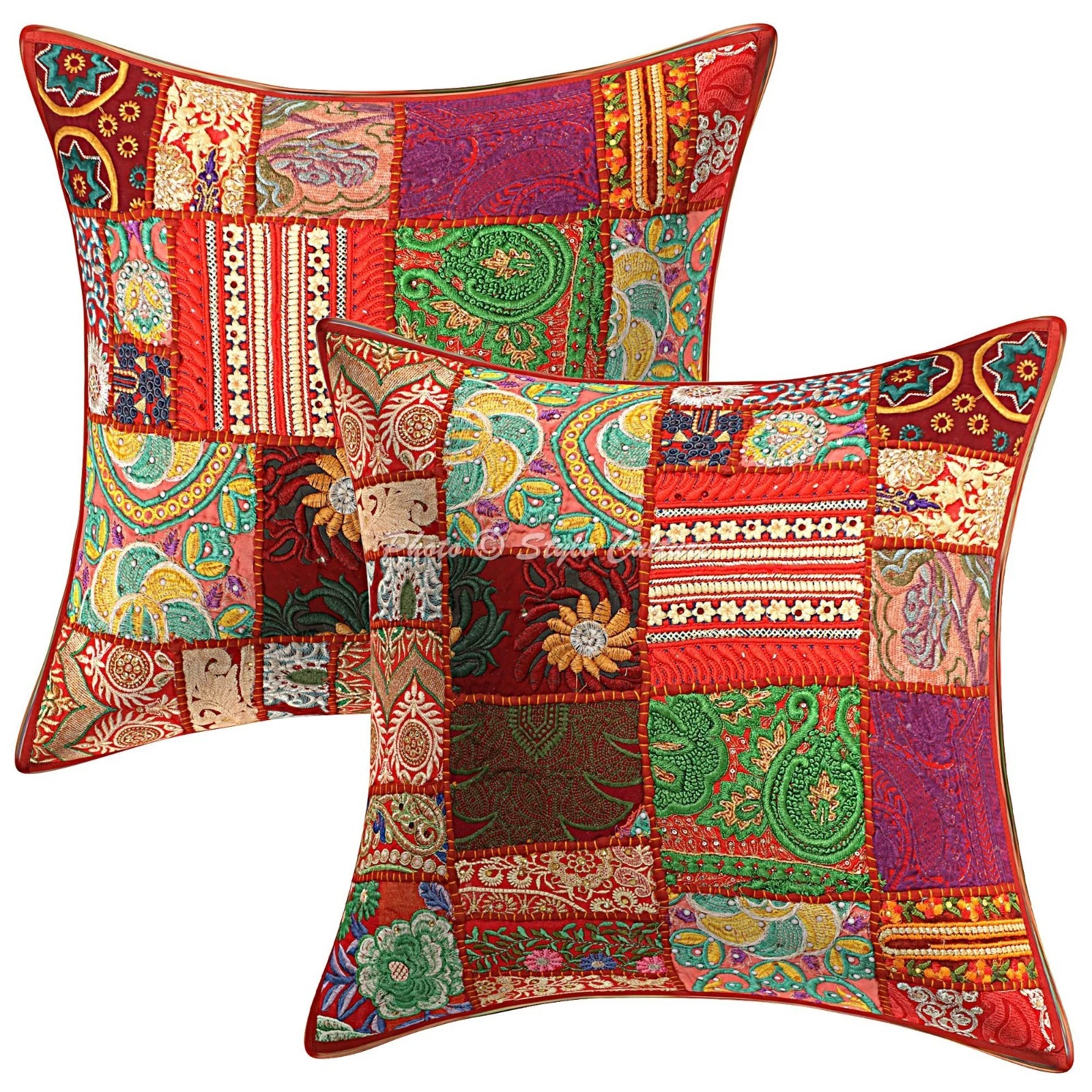 Decorative Cotton Throw Pillow Covers Vintage Patchwork Maroon Abstract 45x45 cm