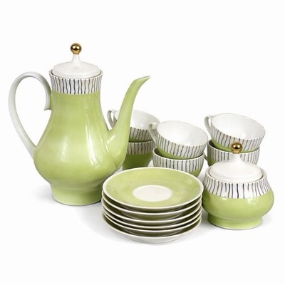 Vintage Kahla Porcelain Coffee Tea Set Green Gold Mid Century Modern Germany