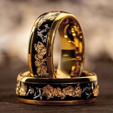 Wedding Band Ring 8mm Stainless Steel Gold Color Foil Inlay Mens Classic Jewelry