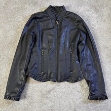 Vintage Lane Crawford Black Faux Leather Jacket Ruffle Collar Cuffs Small Punk