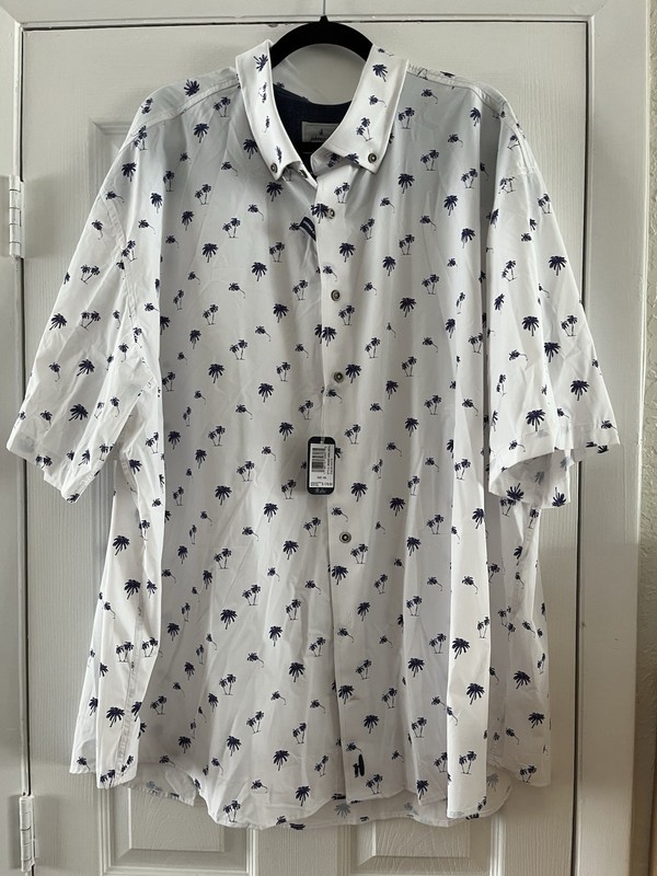Johnnie-O Hanging Out, White Blue Palm Trees Short Sleeve shirt, 4XL