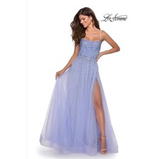 Vestido formal La Femme lavanda estrás cuentas abertura noche graduación
