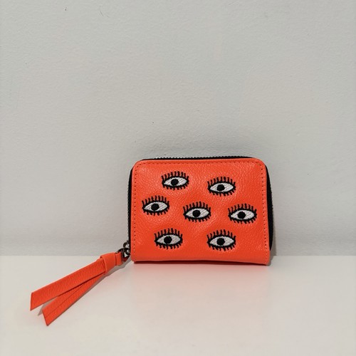 Min & Mon Frodo Wallet Orange Leather Zip Around - All Over Eyes Embroidery
