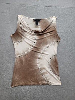 INC International Concepts Women Top S Brown Tie Dye Sleeveless Embellished Tank