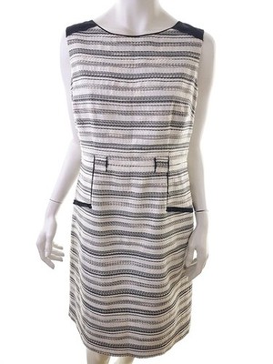 MONSOON Damen Elegantes Kleid Gr. 42 Creme Ärmellos Midi Runder Ausschnitt