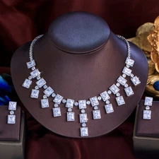 CWWZircons Silver Plated CZ Square Dangle Drop Necklace Earrings Jewelry Set