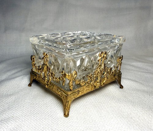 Antique French Ormolu Cut Crystal Trinket Box Gold Basket And Bow Design W Lid