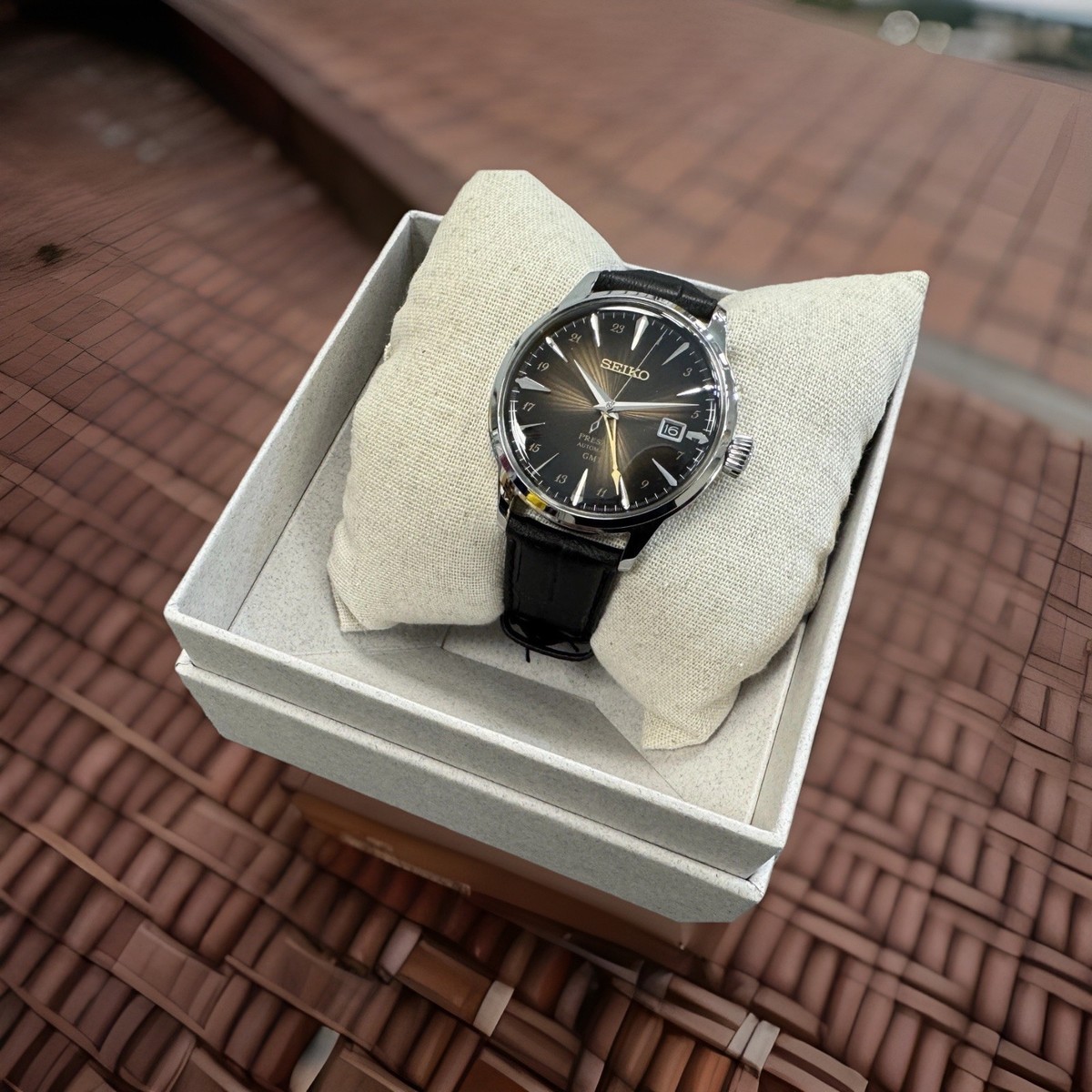 Seiko Presage GMT Brown Dial Cocktail Time Black Leather Band