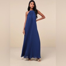 Lulus Exceptionally Elegant Blue Pleated Chiffon Maxi Dress XS Black Tie Wedding