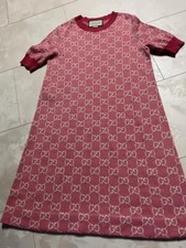 GUCCI Knit Sweater Dress Cotton GG Logo Jacquard Rib Pink Whie Size M Women