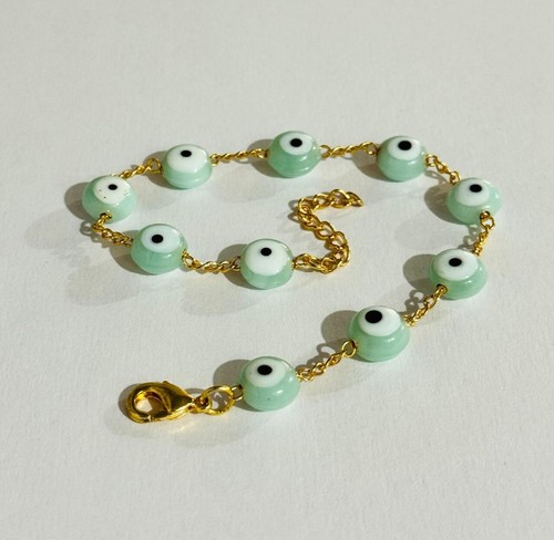 Mint Green Evil Eye Bracelet | Gold Plated Adjustable Chain | Protection Jewelry - Picture 5 of 9