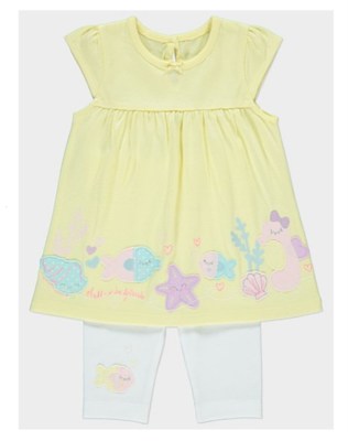 EMBROIDERED YELLOW DRESS & WHITE LEGGINGS 6-9MTHS - New