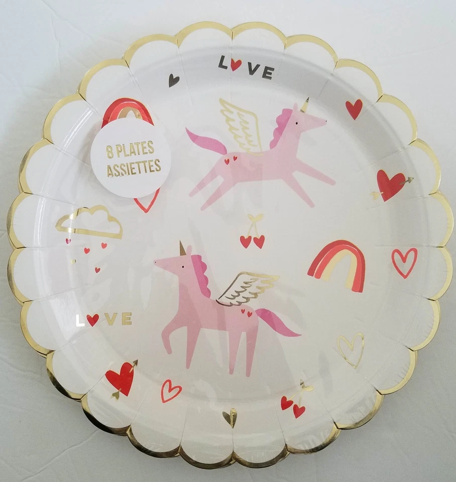 Valentines Meri Meri UNICORN Set of 8 Paper Plates 8 Dessert Dinner Bev Napkins - Image 2 of 4