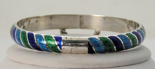 Vintage Thailand Sterling Blue & Green Barber Pole Swirl Style Enamel Bracelet - Picture 6 of 8