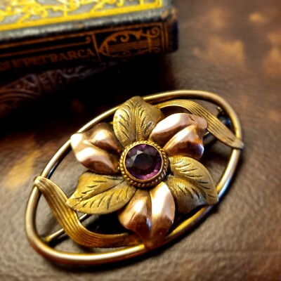 Broche Vintage Années 40 - Plaqué Or Rose Et Jaune 47x28mm Avec Pierre Violette - Occasion