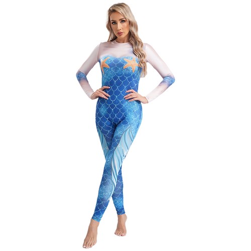 Womens Mermaid Costume Soft Uniform Shiny Jumpsuit Mock Neck Bodysuit Cosplay - Picture 14 of 69