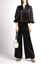 Ganni Cameron Black Polka dot Satin Wide leg high waist Pants Size 34