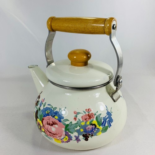 Vintage EnamelWare WHITE w Flowers TeaKettle Wood Handle GC- farmhouse-country - Picture 3 of 11