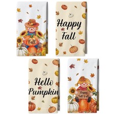 Fall Kitchen Towels, 4 Pcs Fall Decorations for Home in Scarecrow Pumpkin