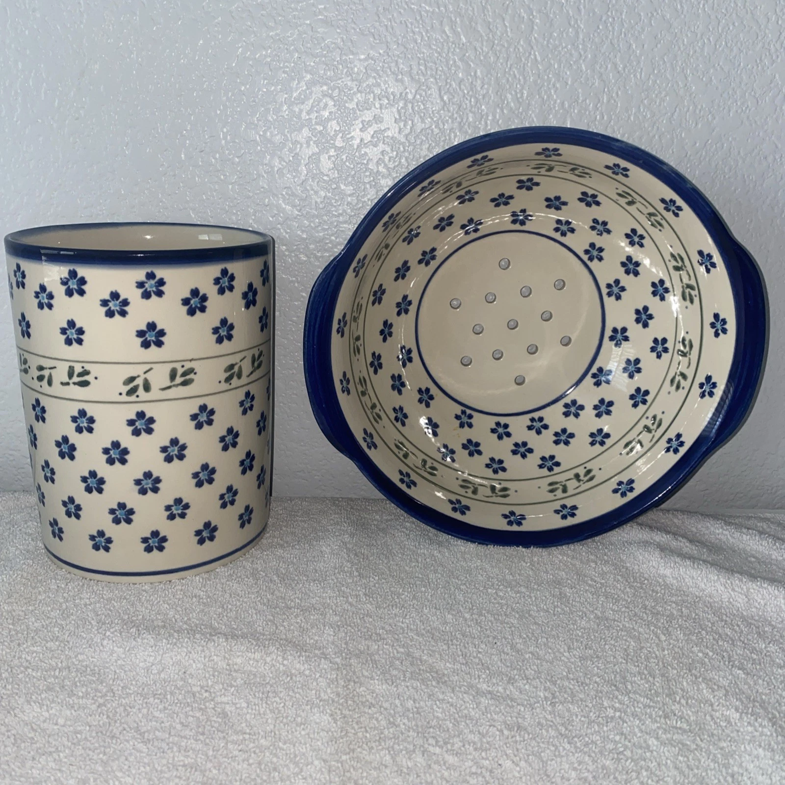 Boleslawiec Handmade In Poland Floral Ceramic Utensil Holder And Colander