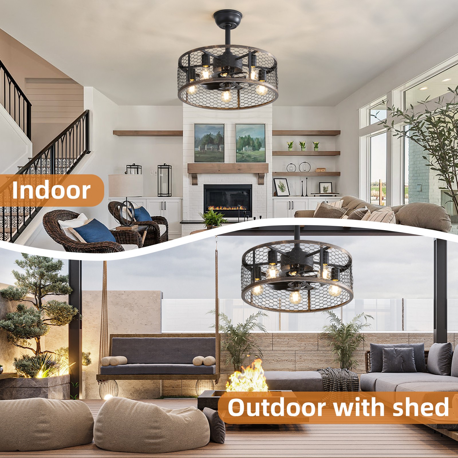 20" Black Caged Ceiling Fan with Light Farmhouse Rustic Fandelier Remote Control