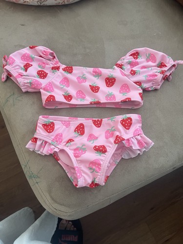 Wonder Nation Strawberry Print Baby Swim Set 12M Pink Ruffle 2 Piece