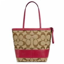 Coach Signature Jacquard Tote Bag Pink Leather Trim Zip Top Women's