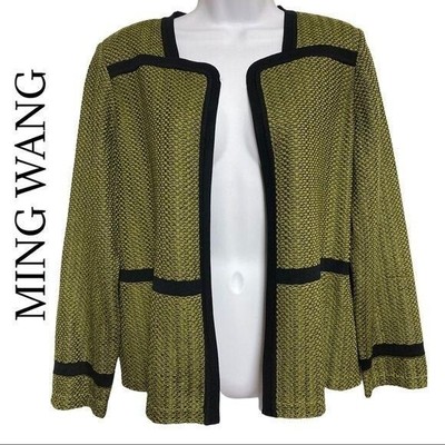 Ming Wang Knit Jacket Textured Open Front Career Size PM Olive Green